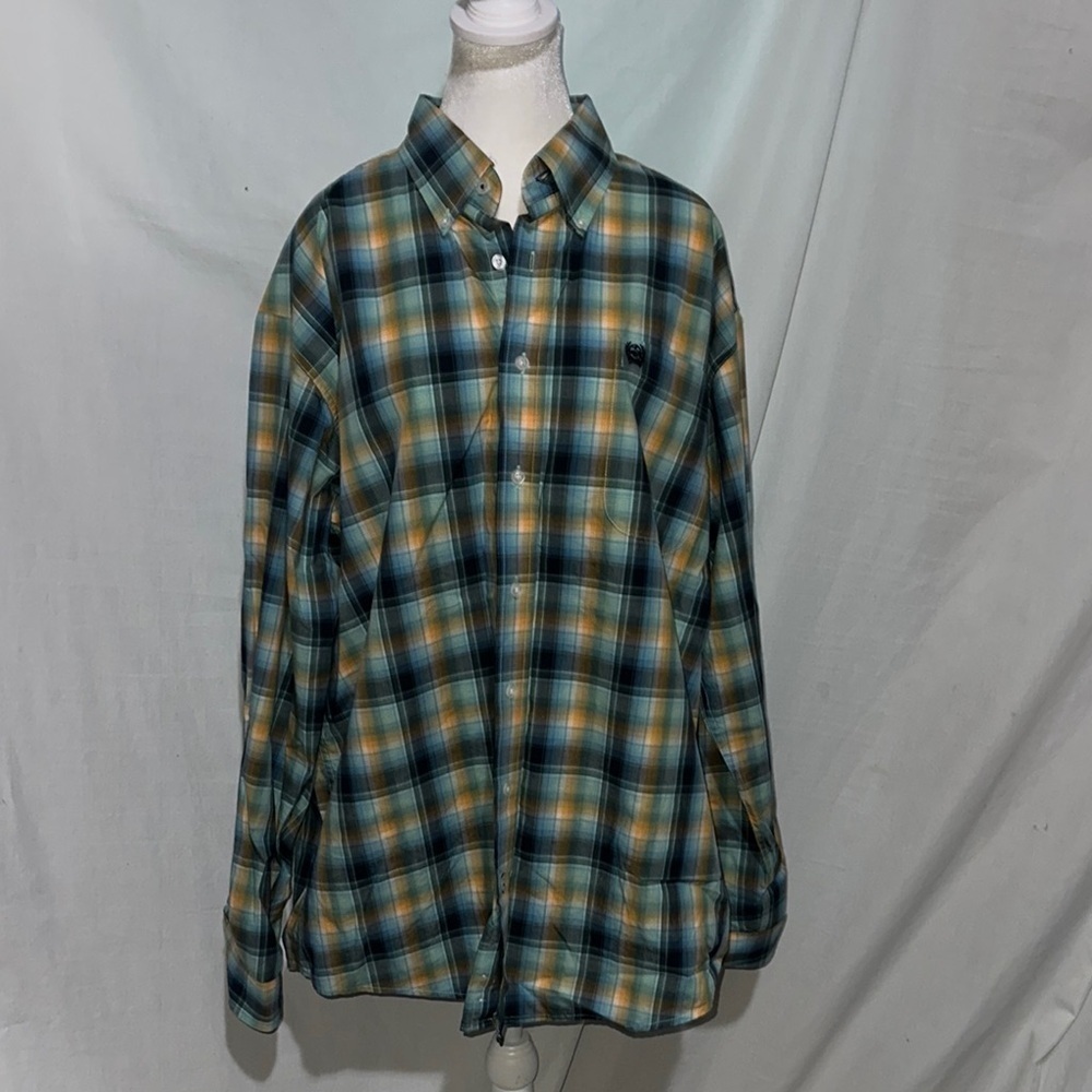 mens two tone blue & yellow plaid Cinch western button down shirt size medium